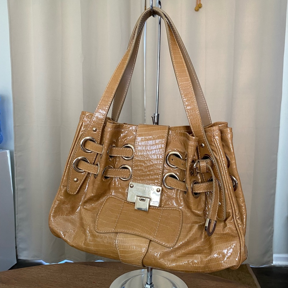 JIMMY CHOO TAN LIZARD PRINT LEATHER HANDBAG